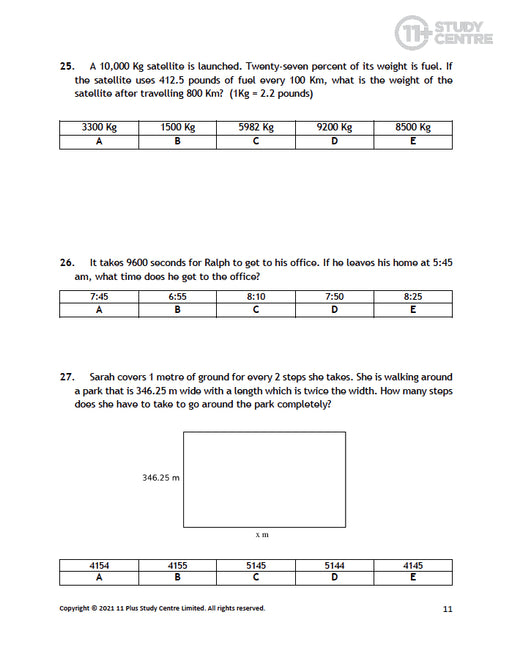 11 Plus Maths problem solving pdf with answers