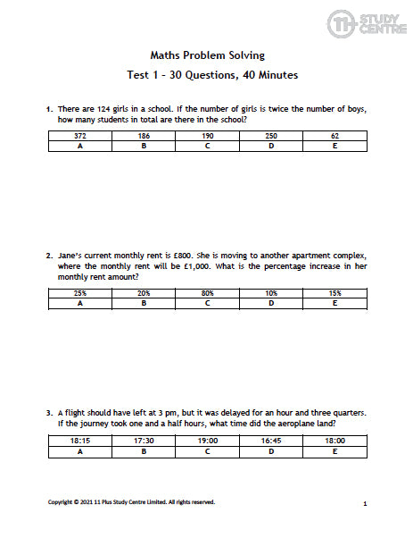 11 Plus Maths problem solving pdf with answers