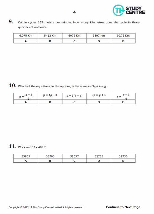 11 Plus maths exam paper with answers pdf
