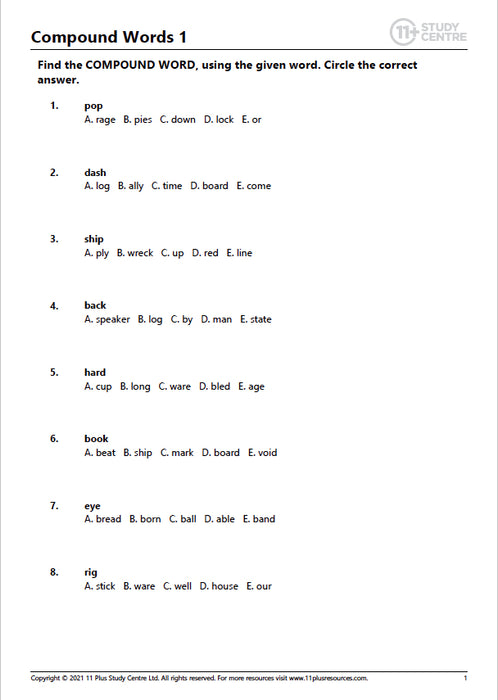 11 Plus Compound Words PDF FREE