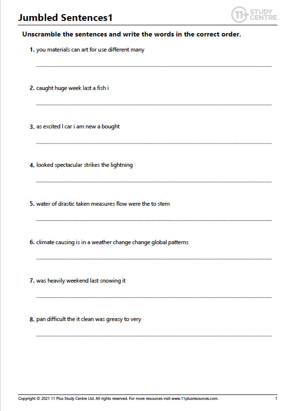 11 Plus Jumbled Sentences Worksheet FREE PDF