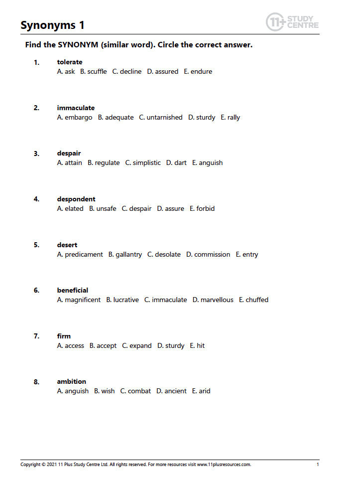 11 Plus FREE Synonyms PDF Worksheet