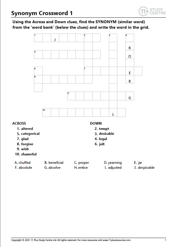 11 Plus Synonyms Crosswords PDF FREE