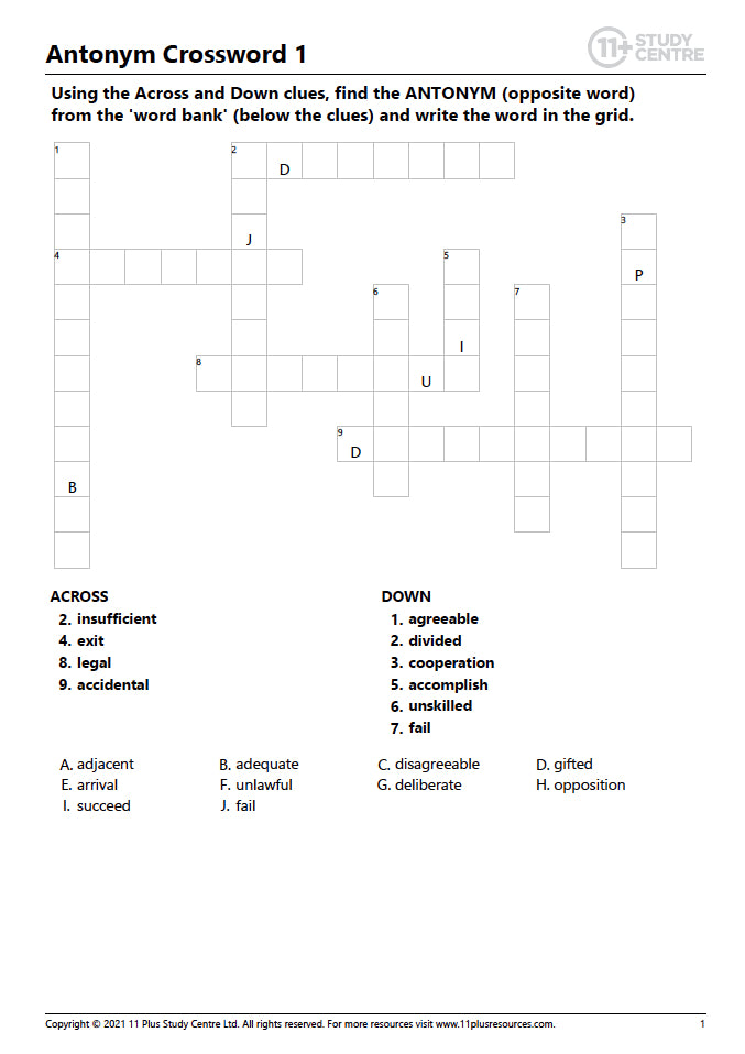 11 Plus Antonyms Crosswords PDF FREE