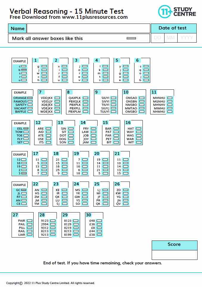 Free 11 Plus Verbal Reasoning Paper